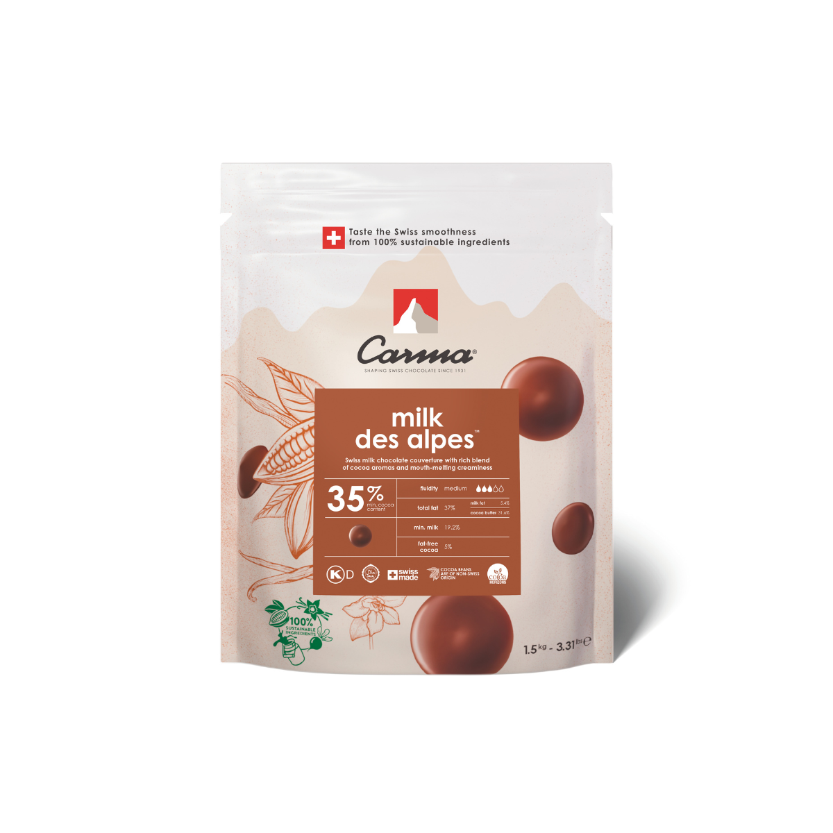 Carma Gouttes de Chocolat Milk Des Alpes 35% 1,5kg