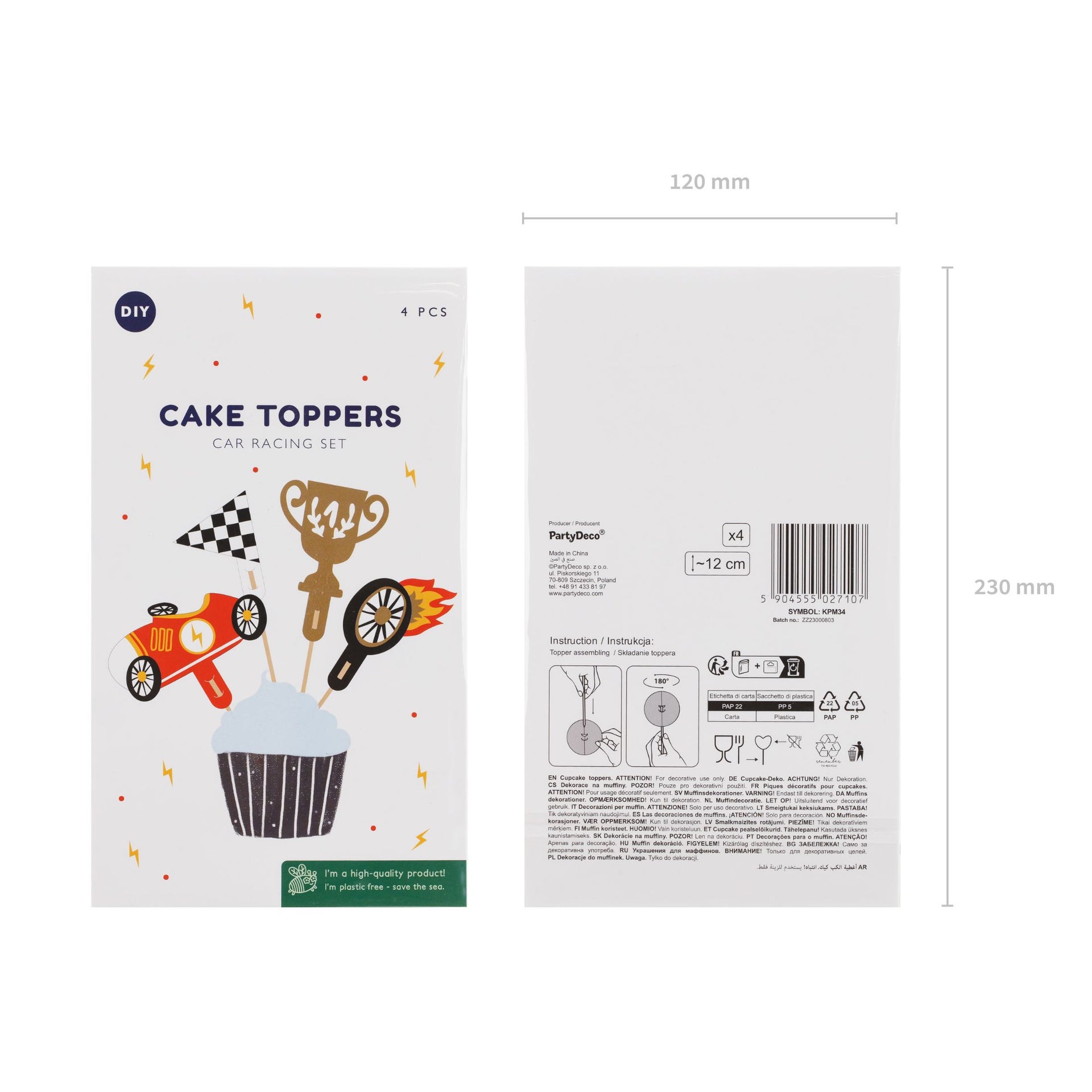 PartyDeco Cupcake Toppers - Cars - 12cm pk/4