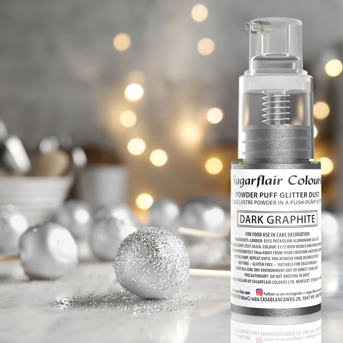 Sugarflair Pump Spray Powder Puff Glitter Dust Dark Graphite 10g