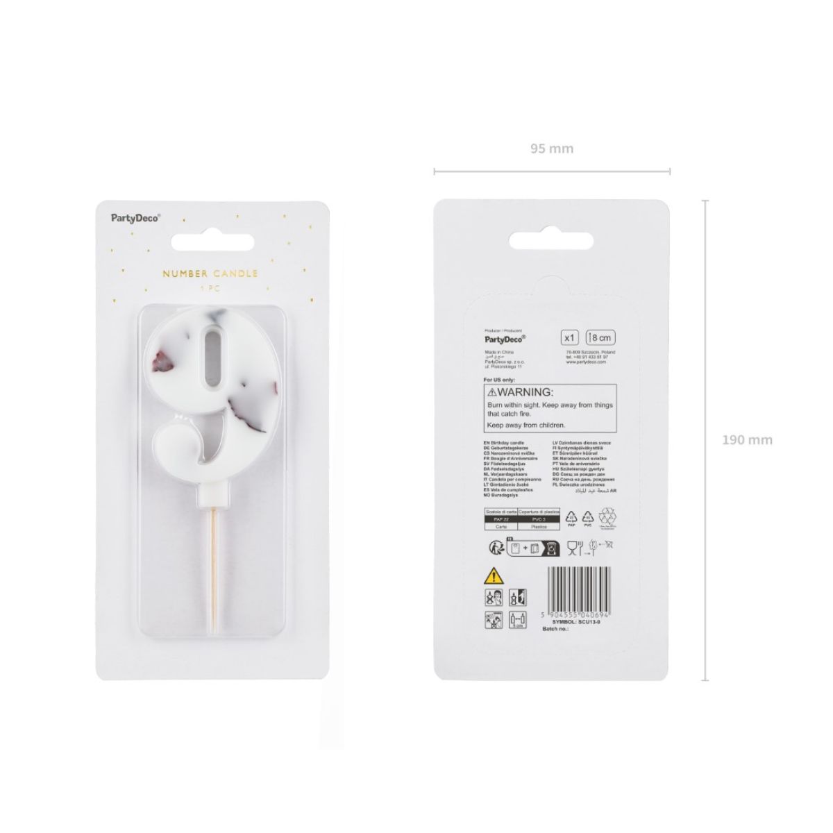 PartyDeco Number Candle 9 - White with Flowers