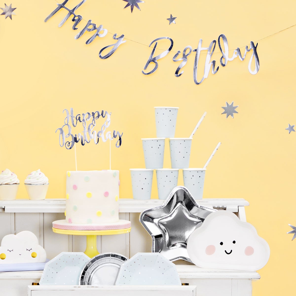 PartyDeco Cake Topper Happy Birthday - Argent
