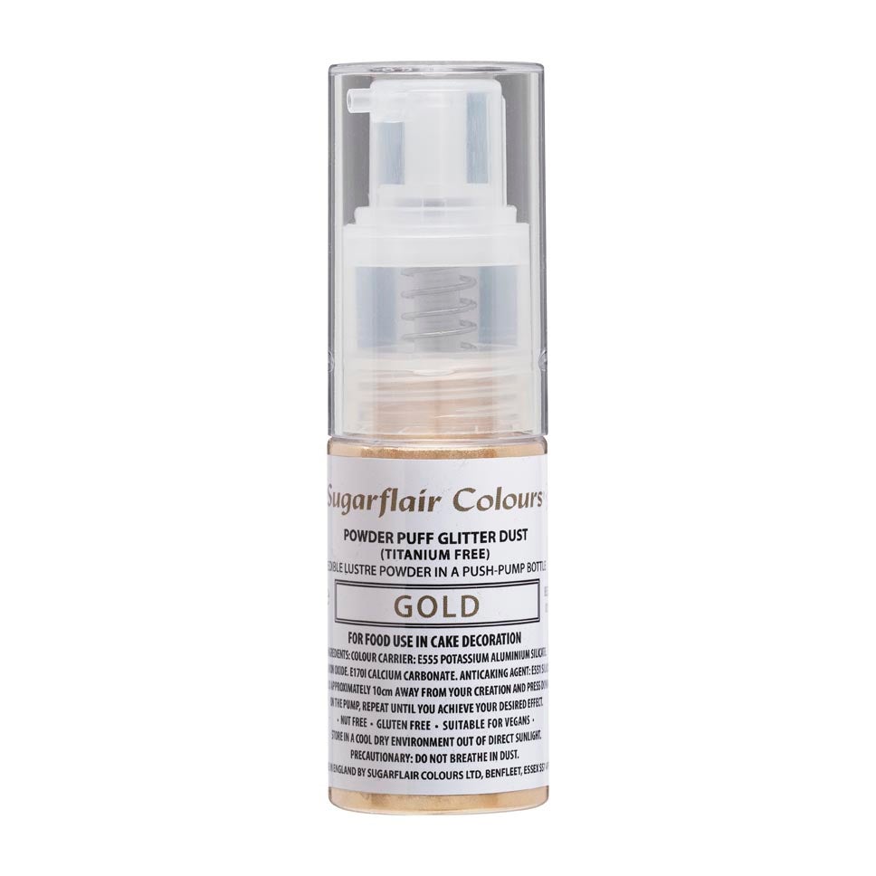 Sugarflair paillettes en spray à pompe -Or- E171 libre 10g